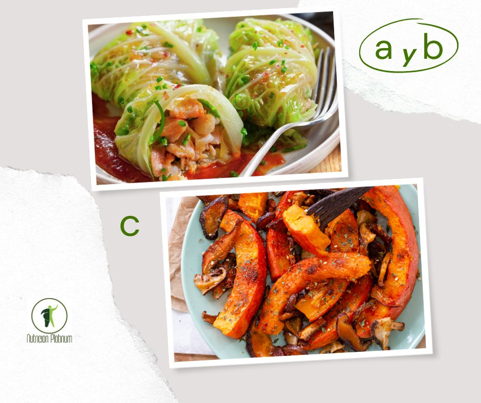 Rollos de col rellenos de salmon y langostinos con calabaza asada con setas shiitake